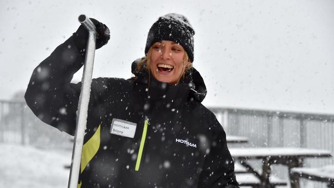 Snowboarder Briony Johnson enjoying the fresh snowfalls at Mt Hotham. Picture: Chris Hocking