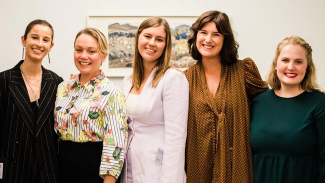 Rachelle Miller is second from the left, with Brittany Higgins and Chelsey Potter to her immediate right. This was taken in parliament yesterday.