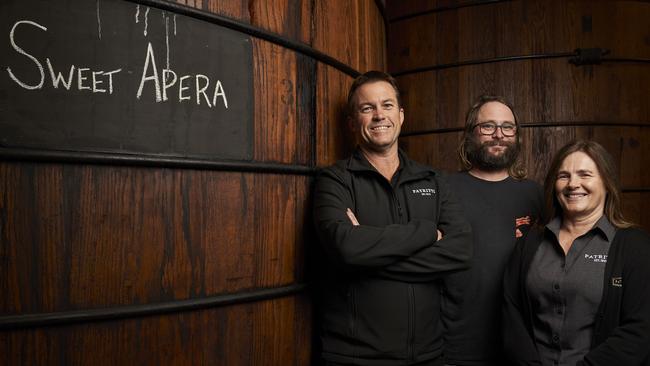 Patritti’s general manager, Justin Tiller, winemaker Ben Heide and export manager Anna Nuttall in the Patritti cellars. Picture: Matt Loxton