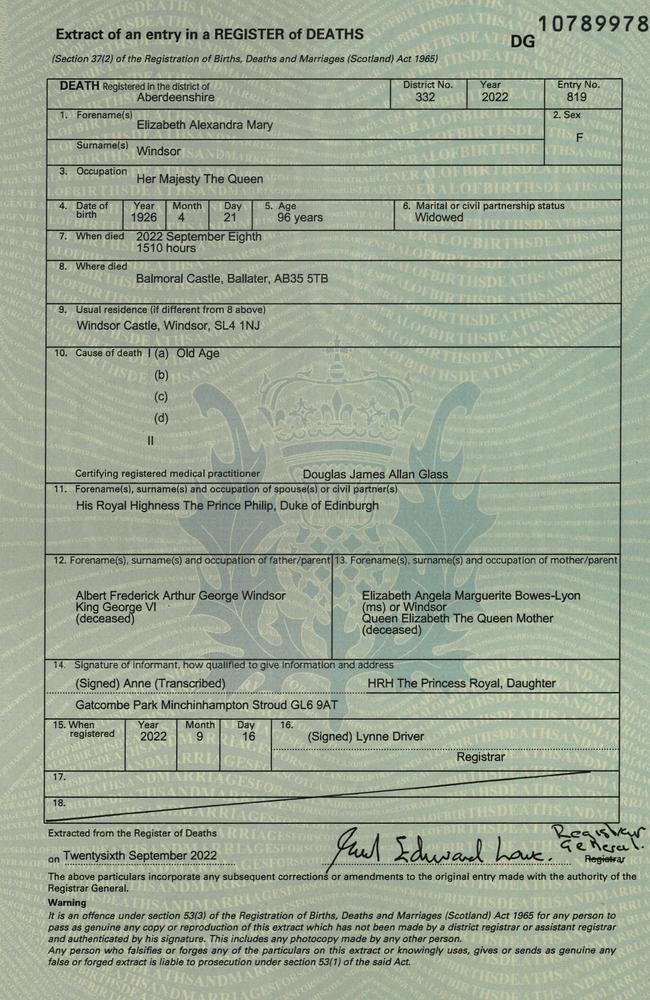 The Queen's death certificate has been released.