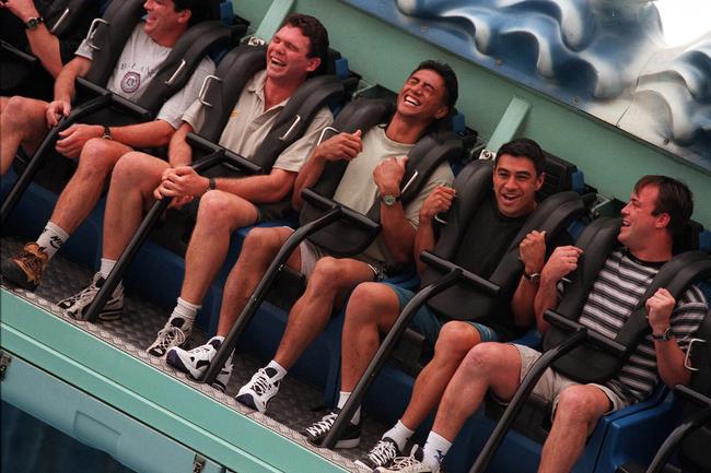 Cronulla team members visit Dreamworld. On the Wipeout Ride Danny Lee, Tawera Nikau, Richard Barnett,and Craig Greenhill.