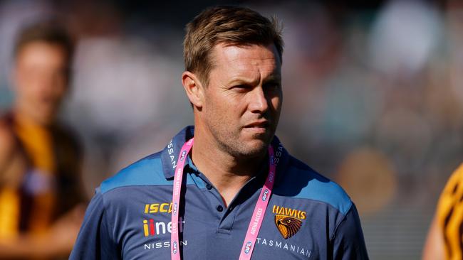 LAUNCESTON, AUSTRALIA - APRIL 01: Sam Mitchell, Senior Coach of the Hawks looks on during the 2023 AFL Round 03 match between the Hawthorn Hawks and the North Melbourne Kangaroos at UTAS Stadium on April 1, 2023 in Launceston, Australia. (Photo by Dylan Burns/AFL Photos via Getty Images)