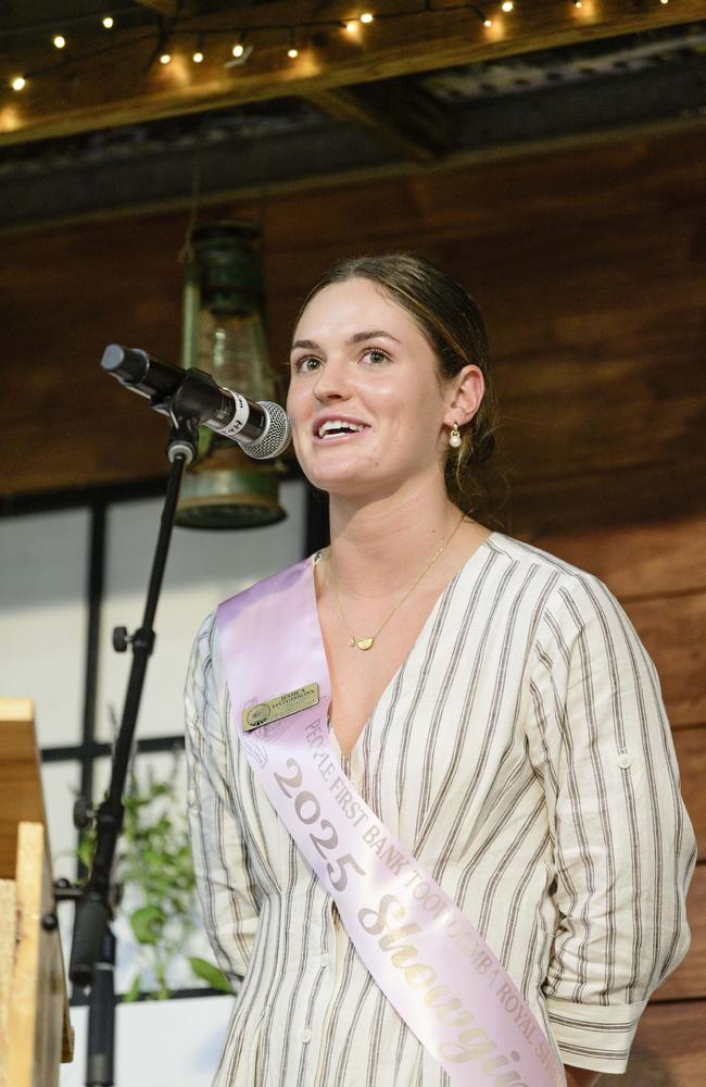 Jessica Fitzgibbons, representing Toowoomba, speaking at the Darling Downs Showgirl announcement at the People First Bank Toowoomba Royal Show, Saturday, March 29, 2025. Picture: Kevin Farmer