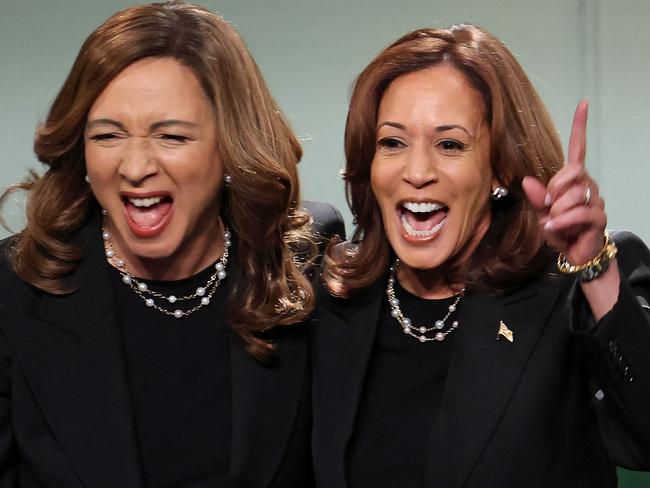 US Vice President and Democratic presidential candidate Kamala Harris (R) and US actress Maya Rudolph participate in "Saturday Night Live" (SNL) live late-night sketch comedy show at NBC studios in New York City on November 2, 2024. (Photo by CHARLY TRIBALLEAU / AFP)