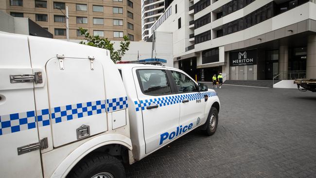 Police at The Meriton Suites in Parramatta where a fatal stabbing overnight. (Pictures by Julian Andrews).