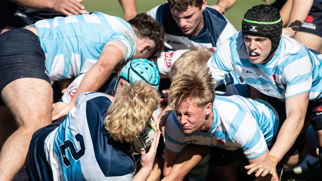 06/07/23. News Local. Sport.Merrylands, Sydney, NSW, Australia.2023 Australian Schools Rugby Championship at Eric Tweedale Stadium, Merrylands.Action from the boys game between NSW2 v NSW BarbariansBBÃs Finn Graham at the centre of some intense forwards actionPicture: Julian Andrews