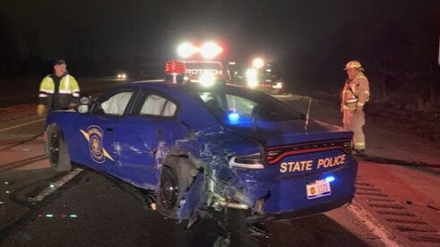 Tesla Model Y crashes in state police car. Source: Michigan State Police Twitter.