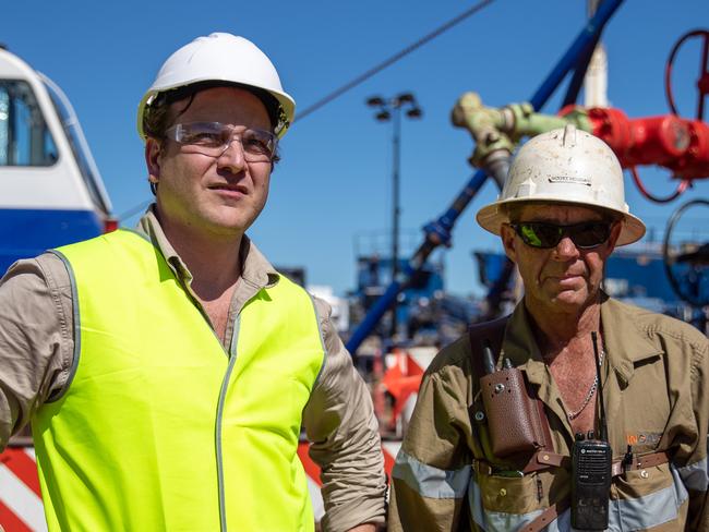 Empire Energy boss Alex Underwood pictured with site manager Scott Hobday at the company's Carpentaria-2H onshore gas well drill site in the NT.