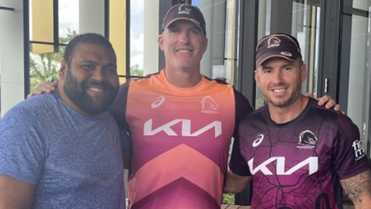 Scott Minto (centre) reliving the good old days with former Brisbane Broncos' teammates Sam Thaiday and Darius Boyd, who is now the club's assistant coach.