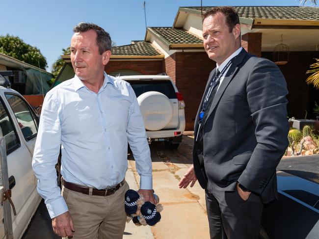 Detective Senior Sergeant Cameron Blaine, pictured with then WA Premier Mark McGowan, became a hero after his involvement in Cleo Smith’s rescue. Picture: AAP Image/Richard Wainwright