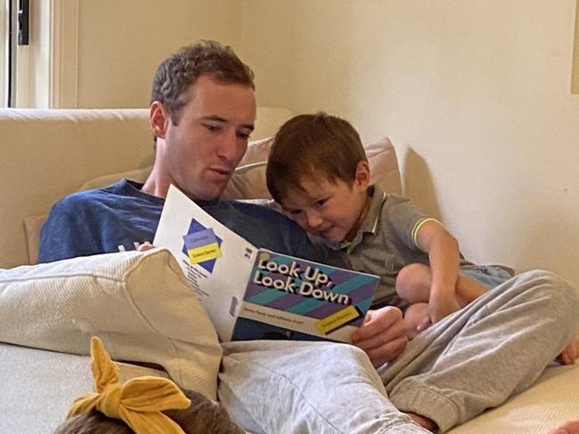 Jockey Ryan Plumb at home with children Olivia, 7, and Chase, 6. Picture: Supplied.