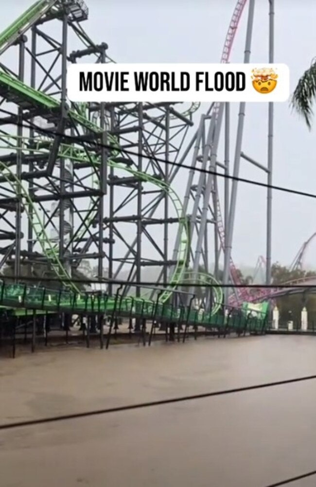 TikTok video by thatssomid_ shows flooding at Movie World after Gold Coast deluge.