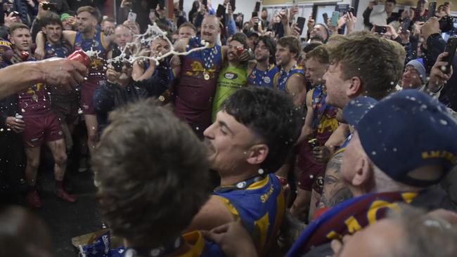 South Morang celebrate in the rooms. Picture: Andrew Batsch