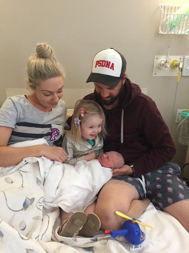 Rachel and Glen Williams with daughters Greta (2) and newly born Tabitha at Hobart Private Hospital, January 2018. Deliver for Tassie Mums campaign. Picture: Rachel Williams