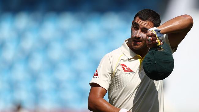 Mitchell Starc feels the heat during the opening day. Picture: Gwtty Images