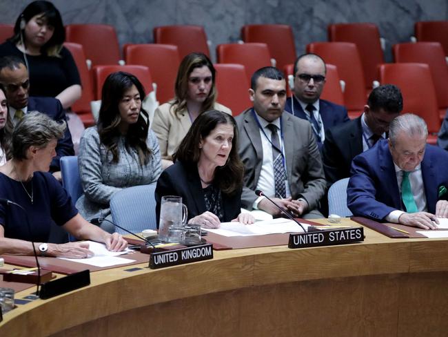 US Ambassador to the United Nations Dorothy Shea (C) speaks during a United Nations Security Council meeting to vote on a resolution calling for a ceasefire and unrestricted humanitarian access in Gaza, at UN headquarters in New York City. Picture: AFP