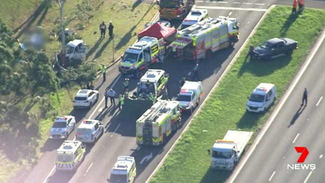Emergency crews at the scene of a tragic crash on the Great Western Highway at Minchinbury which killed 22-year-old Moustafa Kanjou. Picture: Seven News