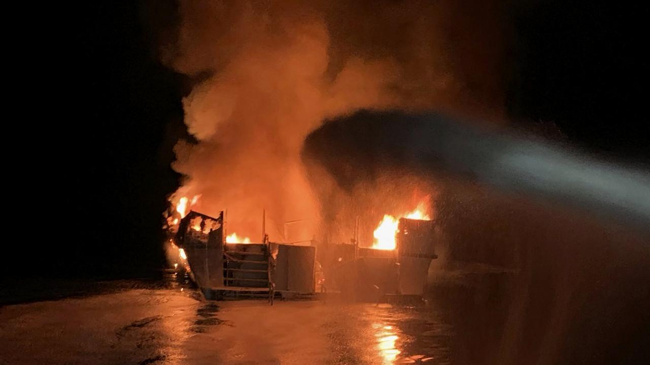 Firefighters respond to a boat fire off the coast of southern California. Picture: Ventura County Fire Department via AP.