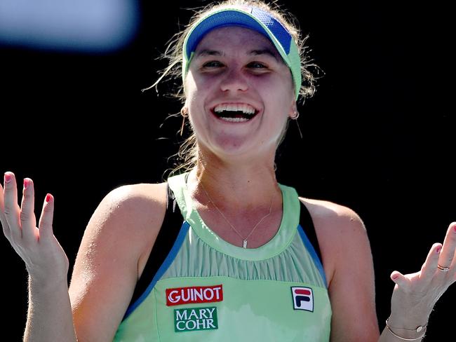 Sofia Kenin of the USA celebrates after winning the women's singles semi final match against Ashleigh Barty of Australia on day 11 of the Australian Open tennis tournament at Rod Laver Arena in Melbourne, Thursday, January 30, 2020. (AAP Image/Lukas Coch) NO ARCHIVING, EDITORIAL USE ONLY