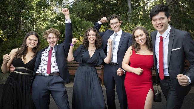 The Hutchins School leavers dinner at the Royal Tasmanian Botanical Gardens, Isabel Baddiley, Louis Miller, Pepper Simondson, Louis Kingston, Madeleine Jeffrey- Moore and Izac Grantham. Picture Chris Kidd