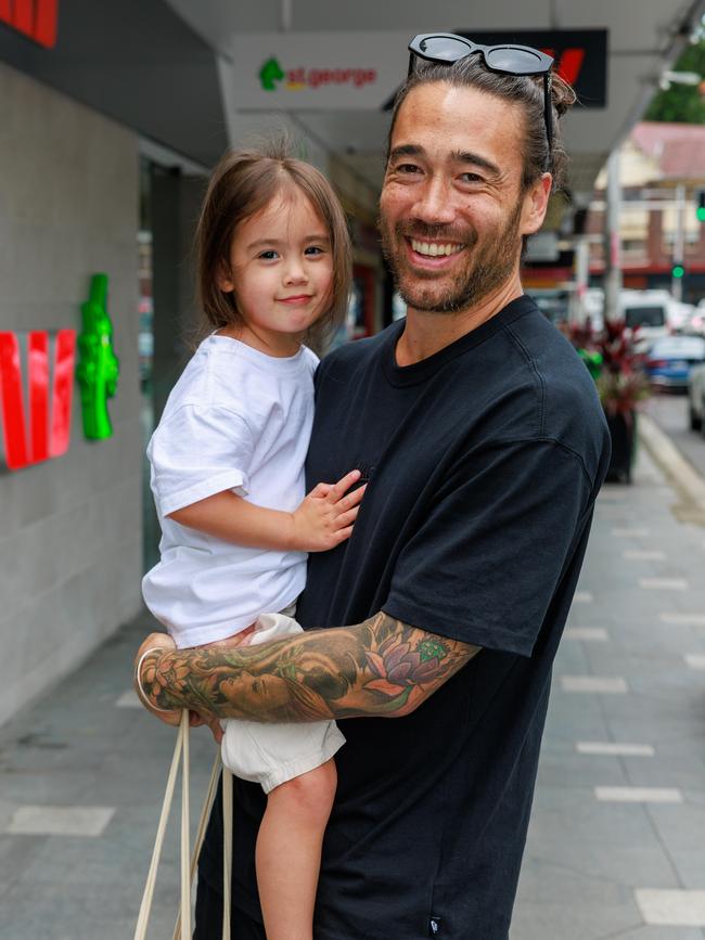 Timothy Turner-Sutton in Double Bay with daughter Naia Turner-Sutton, 3. Picture: Justin Lloyd