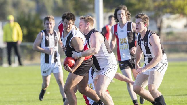 Connor Berry (Sorell) is tackled by Dylan Huxley (Claremont) at Pembroke Park last season. Picture: Chris Kidd