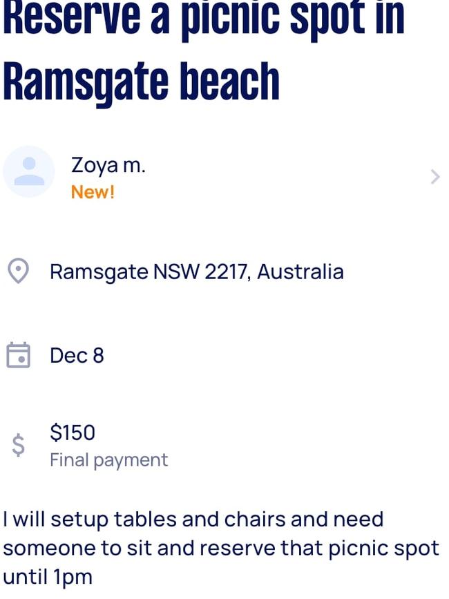 The ads have asked people to reserve picnic spots for cash. Picture: Supplied