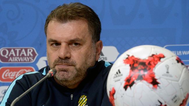 Australia's coach Ange Postecoglou gives a press conference in Saint-Petersburg on June 21, 2017 on the eve of the 2017 FIFA Confederations Cup group B football match between Cameroon and Australia. / AFP PHOTO / Olga MALTSEVA