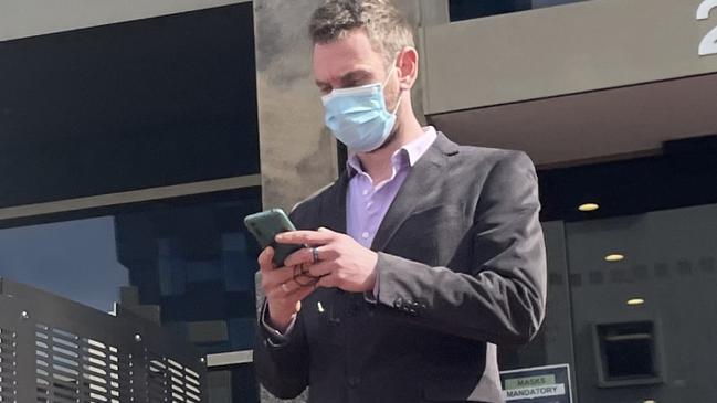 Christopher Patrick Farrell leaves the Hobart Magistrate Court, charged with child abuse material offences under the massive, Australia-wide, Operation Arkstone.