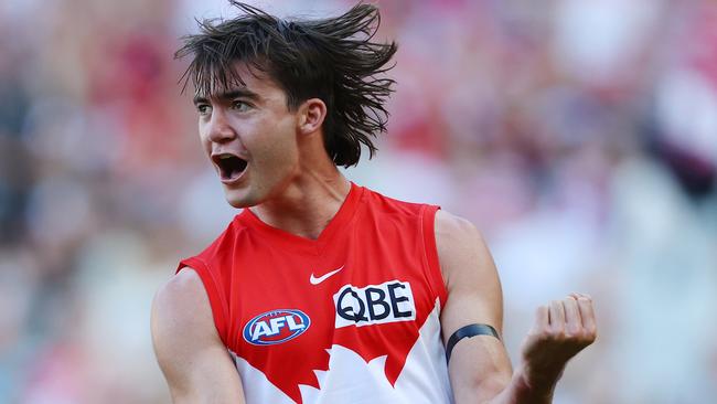 AFL Round 3.   02/04/2021.  Richmond vs Sydney Swans at the MCG, Melbourne.  Sydneys Logan McDonald celebrates his goal late in the fourth quarter   . Pic: Michael Klein