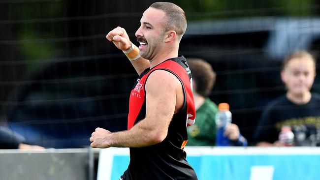 Matthew Panuccio of Riddell celebrates kicking a goal during the round two RDFNL Bendigo Bank Seniors match between Riddell and Kyneton at Riddells Creek Recreation Reserve, on April 13,2024, in Diggers Rest, Australia. (Photo by Josh Chadwick)