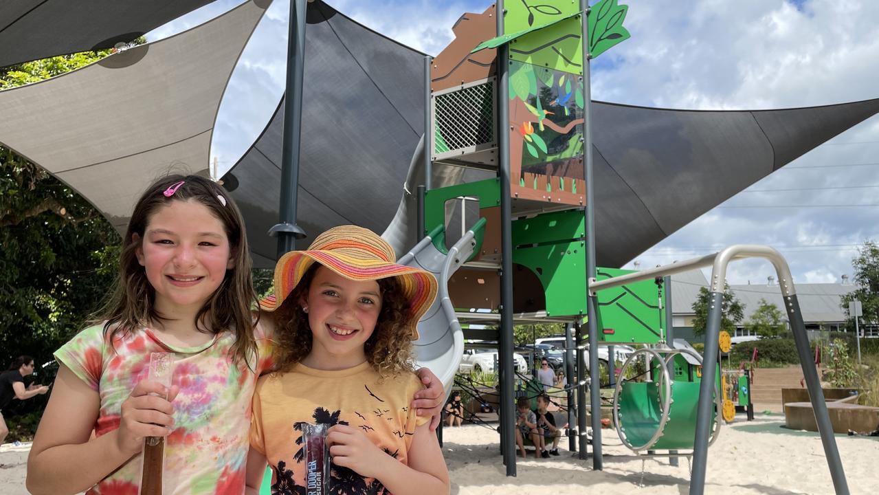 Sunshine Coast kids enjoy cold ice blocks to celebrate the opening of the revamped Buderim Village Park.