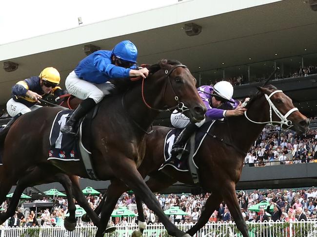 SYDNEY, AUSTRALIA - MARCH 22: James Mcdonald riding Broadsiding win Race 6 Sky Racing Rosehill Guineas during the "TAB Golden Slipper" - Sydney Racing at Rosehill Gardens on March 22, 2025 in Sydney, Australia. (Photo by Jeremy Ng/Getty Images)