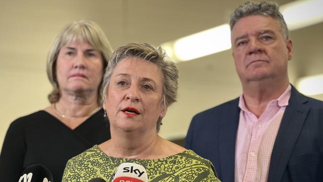 Chief Minister Eva Lawler, Education Department CEO Karen Weston and Education Minister Mark Monaghan. Picture: Fia Walsh.