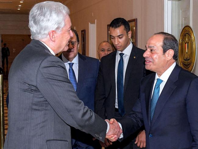 Egypt's President Abdel Fattah al-Sisi (R) meeting with CIA Director William Burns at the presidential palace in Cairo in a renewed push for a ceasefire and hostage release deal. Picture: AFP