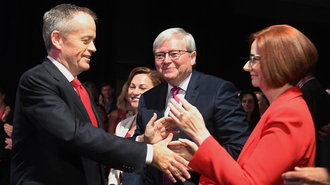 Bill Shorten (left) is welcomed by former PMs Kevin Rudd, Julia Gillard and Paul Keating as he arrives at the Labor Party campaign launch yesterday. 