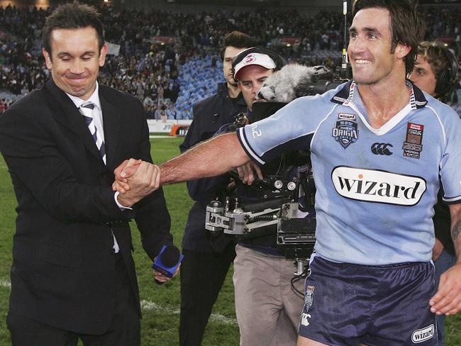 Matty and Andrew Johns after his man-of-the-match performance for the Blues in 2005. Picture: Cameron Spencer/Getty Images