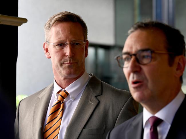 ADELAIDE, AUSTRALIA - NewsWire Photos NOVEMBER 25, 2021: Premier Steven Marshall (right) with Dan van Holst Pellekaan who was voted in as deputy premier by the state Liberal party this afternoon at Parliament House. Picture: NCA NewsWire / Naomi Jellicoe