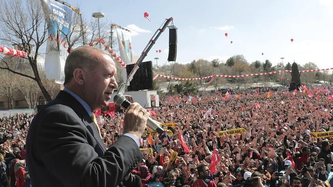 Turkey's President Recep Tayyip Erdogan sparked controversy by screening video clips of the New Zealand mosque attack. Picture: Presidential Press Service via AP