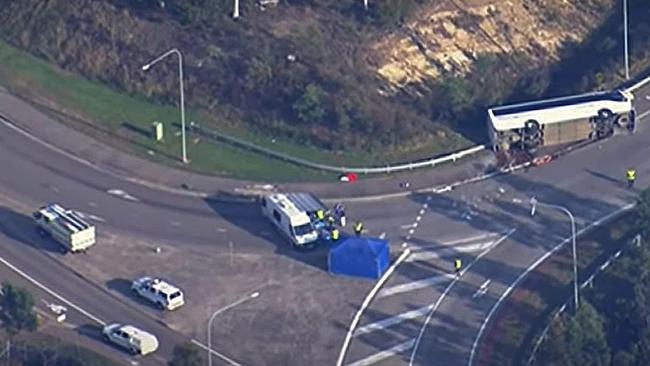 Vision of the bus showing how it landed on its side. Picture: ABC