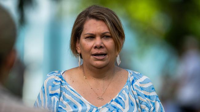 Senator Dorinda Cox as more than a hundred gathered to protest Middle Arm ahead of the second day of public hearings about the proposed development in Darwin. Picture: Pema Tamang Pakhrin