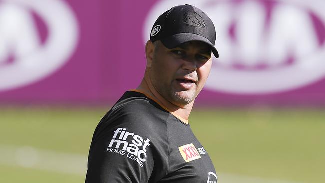 BRISBANE, AUSTRALIA - JULY 07: Head coach Anthony Seibold looks on during a Brisbane Broncos NRL training session at the Clive Berghofer Centre on July 07, 2020 in Brisbane, Australia. (Photo by Albert Perez/Getty Images)