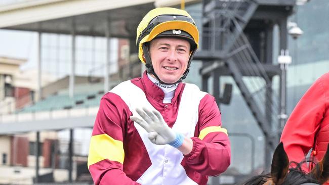 Harry Coffey returns to the mounting yard on Arabian Summer after winning the Peter Le Grand Stakes at Caulfield Racecourse on February 08, 2025 in Caulfield, Australia. (Photo by Reg Ryan/Racing Photos via Getty Images)