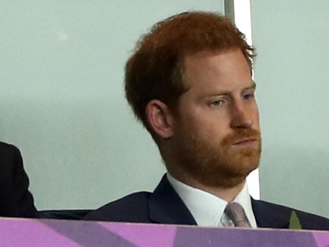 Prince Harry looking grim as he watches England lose the Rugby World Cup. Picture: Getty