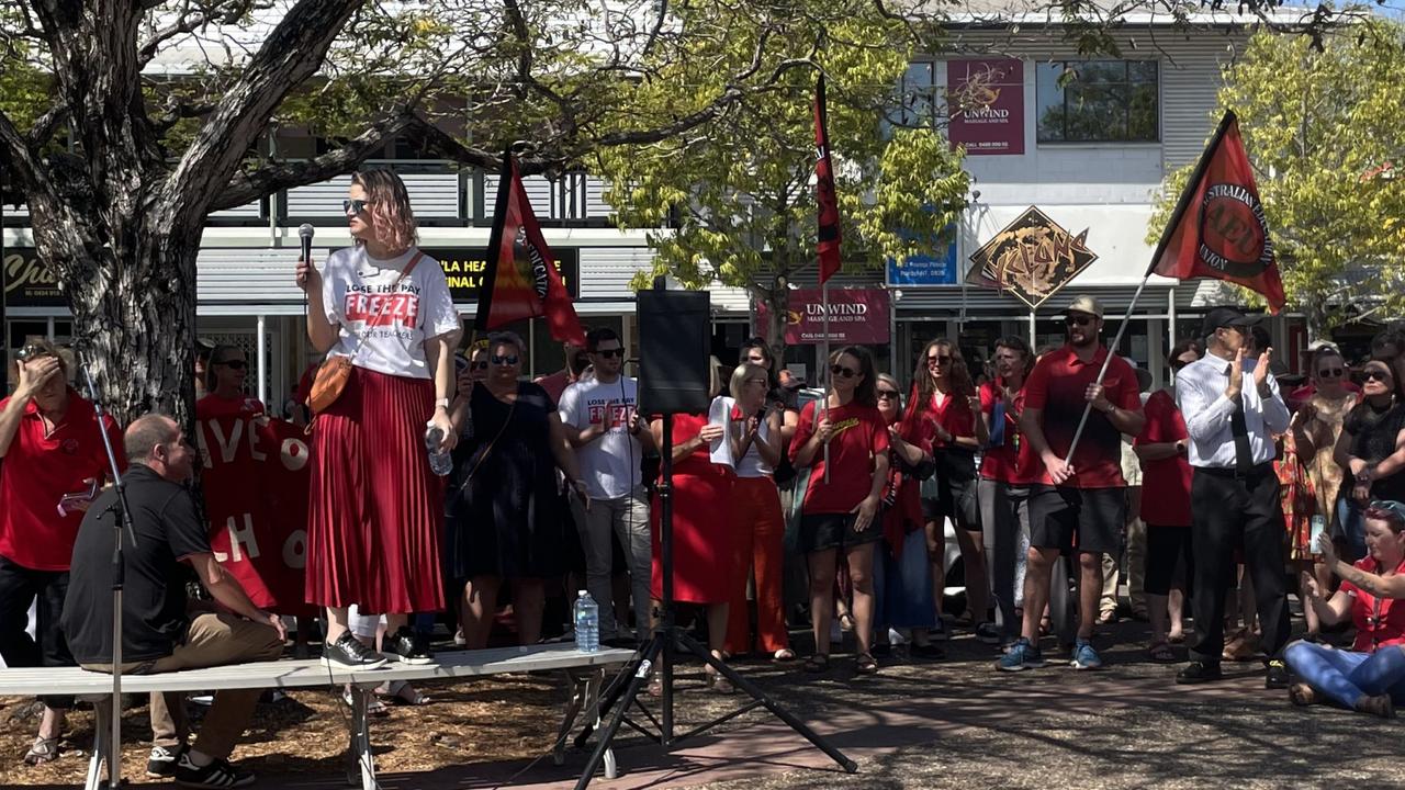 Michelle Ayres addresses the crowd during the teacher strike against a four-year-pay freeze.