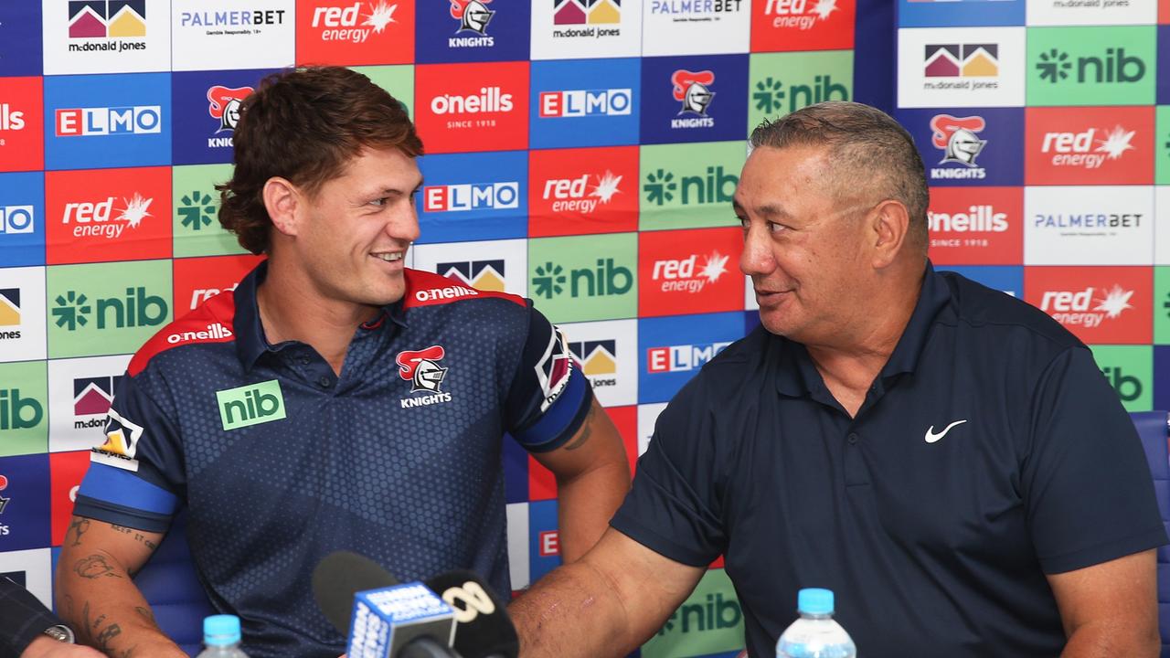 Kalyn Ponga and his father, Andrew. Picture: Peter Lorimer/Getty Images