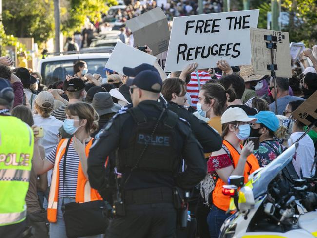 Protesters gather to support asylum seekers.