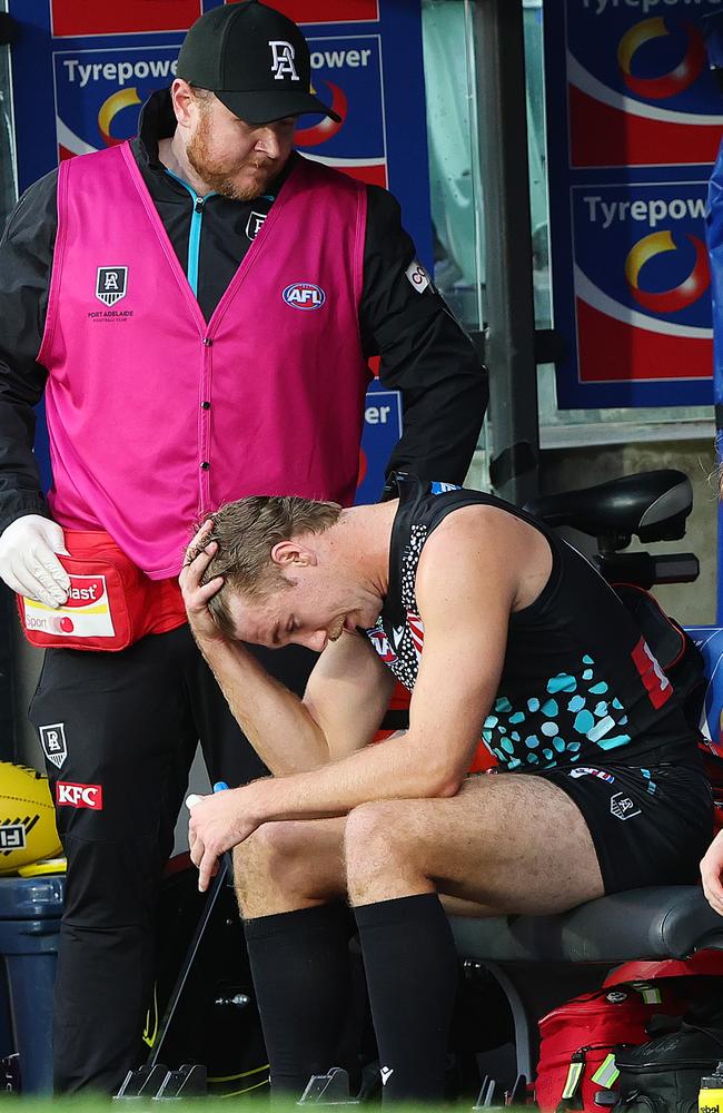 Jason Horne-Francis after hurting his hamstring on Saturday. Picture: Sarah Reed/AFL Photos via Getty Images)