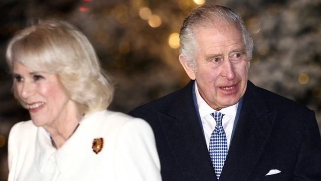 Camilla, Queen Consort and King Charles III arrive to attend "Together At Christmas Carol Service" at Westminster Abbey. Picture: AFP.