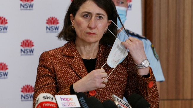 NSW Premier Gladys Berejiklian is seen during a daily COVID update. Photo: Lisa Maree Williams Pool/Getty Images